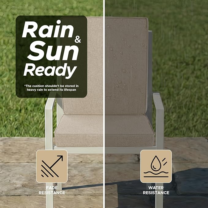 Outdoor Chair Cushions, Water-Resistant & Fade-Resistant, Patio Furniture Lawn Dining Chair Seat Replacement with Mid Back, Ties Zipper, Removable Cover, 18 x 16.5 Inch, Set of 1, Natural