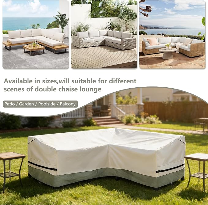 okcool Outdoor Sectional Cover,V-Shaped Patio Furniture Covers for 7-Seater Outdoor Sectional Furniture Couch（105''X105''）,White&Grayish Green
