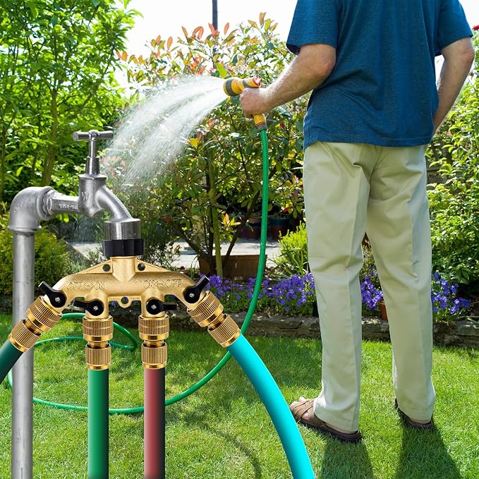 Dalmbox Garden Hose Splitter 4 Way, Water Hose Splitter, 3/4" Heavy-Duty Brass Garden Hose Splitter, Includes 9 Rubber Washers & Teflon Tape(2 pack)