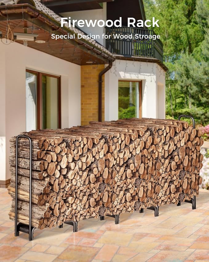 Firewood Rack, 8ft Heavy Duty Fire Wood Storage Racks for Indoor Outdoor, Metal Log Holders for Firewood, Fireplace Wood Pile Storage Stacker Organizer, Black