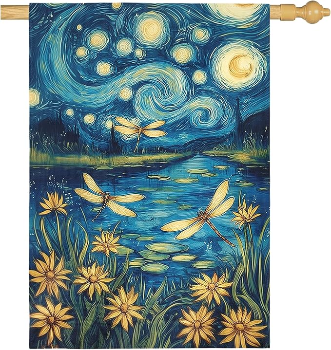 Summer Daisy House Flag Starry Night Style Floral Garden Flags with Dragonflies Spring Lake Landscape Artistic Impressionist Flower Banner Outdoor for Lawn Patio Porch Seasonal Home 28 x 40 Inch
