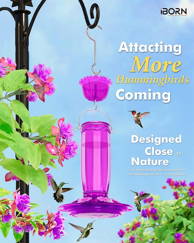 iBorn Hummingbird Feeders for Outdoors Hanging with Ant Moat for Hummingbird Feeder Glass 8 Ports for 16oz Humming Bird Nectar, Fuchsia Magenta, Pack of 1