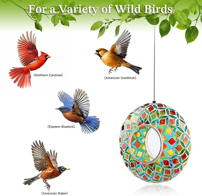 SAVENNA Mosaic Glass Hanging Bird Feeder, 8 Inch Handcrafted Outdoor Feeder with Steel Wire Rope, Decorative Garden & Patio Feeder for Wild Birds, Colorful Abstract Mosaic Design