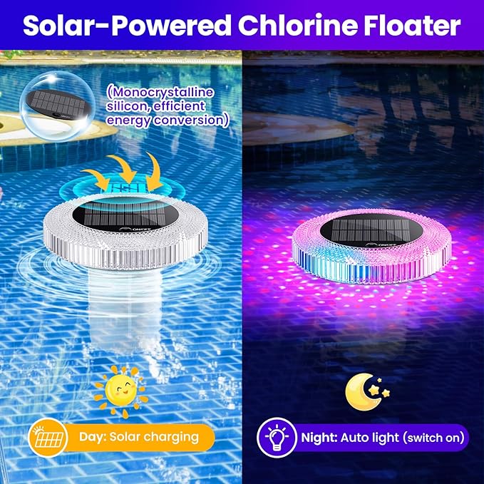 Solar Pool Chlorine Floater with Colorful Lights, Remote-Controlled Lights Adjustable Release Easy-Open Chlorine Floater Dispenser for Pool Large Capacity for 3'' or 1'' Tablets