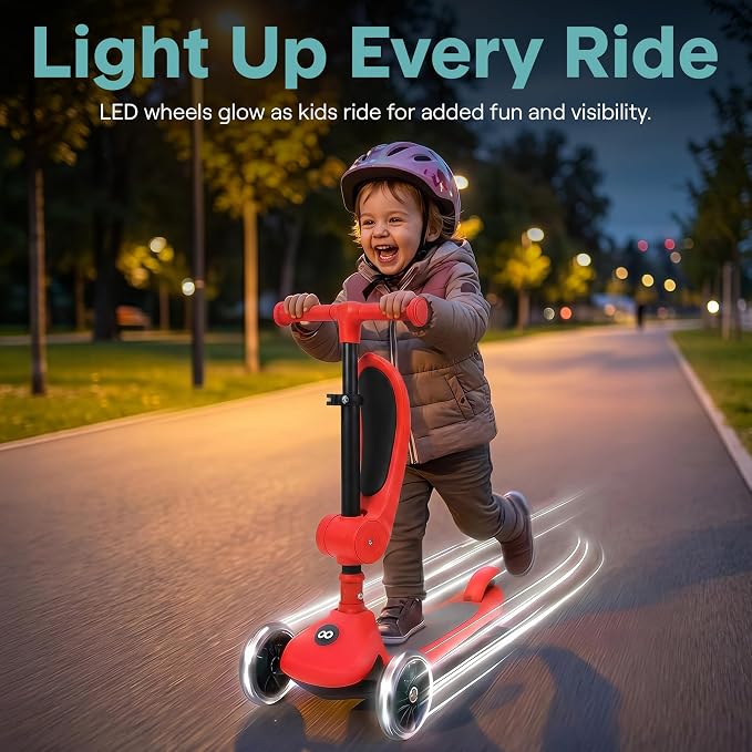 SereneLife 3 Wheel Scooter for Toddlers & Kids, Foldable Seat, LED Wheels, Adjustable Handlebar, Anti-Slip Deck, Rear Foot Brake, Lean-to-Steer, Kid Scooter, Supports up to 110 lbs (Red)