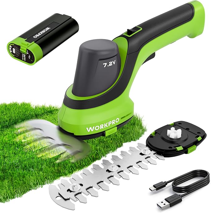 WORKPRO 7.2V Handheld Grass Trimmer, 2-in-1 Cordless Hedge Trimmer & Grass Shears with 2Ah Battery, Small Bush & Shrub Trimmer for Lawn Edging, Garden, Yard & Hedge Trimming
