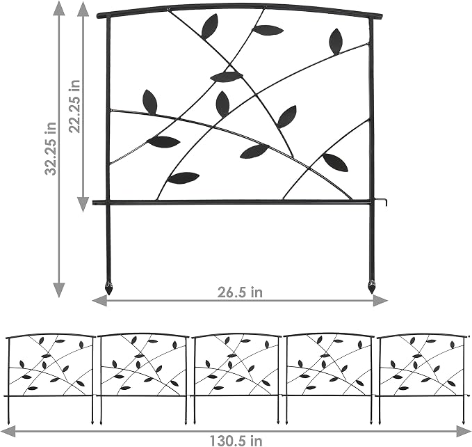 Sunnydaze Modern Leaves and Vines 10-Foot 5-Piece Steel Decorative Garden Fence Panels - 26" W x 32" H Per Panel - Black