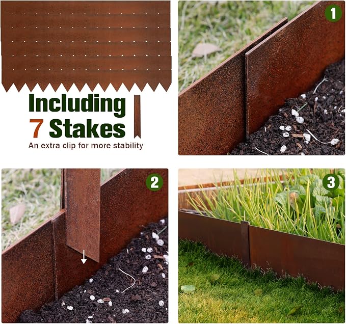 Worth Garden 20ft Pre-Rusted Cor-Ten Steel Landscape Edging – Heavy Duty Metal Garden Edging Border, 40" L x 6-Pack 5.5" H Panels, No-Dig Hammer-in Lawn & Yard Edging with 7 Clamps & Gloves