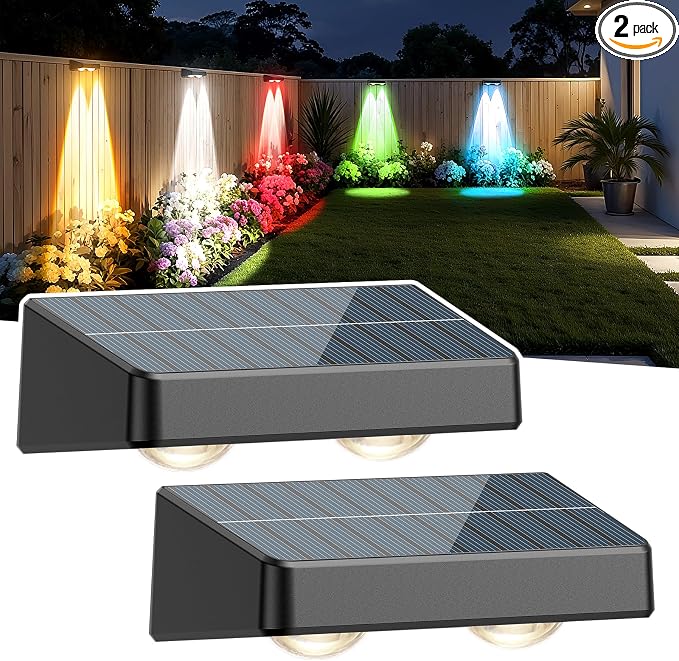 Fence Lights Solar Powered, Led Solar Fence Lights Outdoor IP65 Waterproof, Warm/Cool White and RGB Colors Changing Solar Wall Lights for Garage Backyard Railing Step Patio Pool - 2Pack
