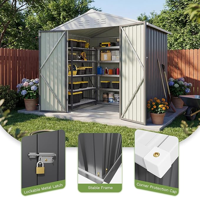 Patiowell 6x4 FT Outdoor Storage Shed with Floor Frame, Metal Garden Patio Sheds with Sloping Roof and Lockable Door, Waterproof Steel Tool Shed for Backyard Garden Lawn, Gray
