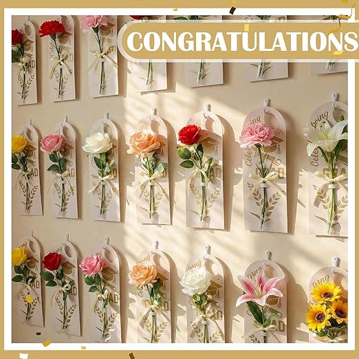 Eaasty 24 Set Graduation Day Themed Single Sunflower Card Sleeve Grad Gift Packaging Flower Holder with Floral Water Tubes Ribbon Floral Tissue Paper for Flower Packing