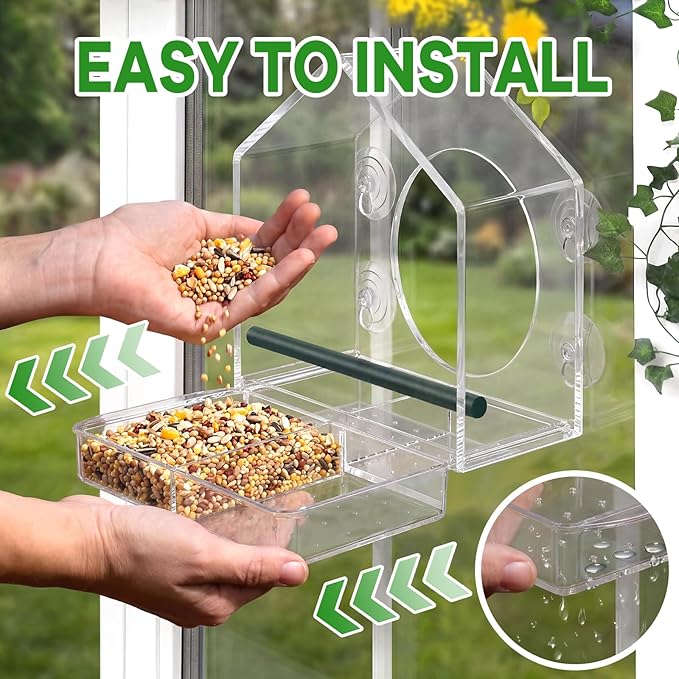 2PCS Window Bird Feeder with Strong Suction Cups, Bird Feeders for Outdoors, Clear Bird Feeder for Window, Outdoor Wild Bird Watching Gift for Women Mom Bird Lovers, Elderly Kids (1 Large+1 Small)