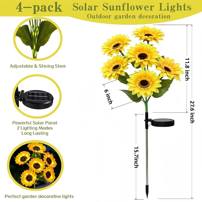 Solar Garden Lights Outdoor, 4 Pack Solar Sunflower Lights with 24 Sunflower, Waterproof Long-Lasting Outdoor Solar Patio Decor Suitable for Yard, Lawn, Pathway, and Backyard Decoration