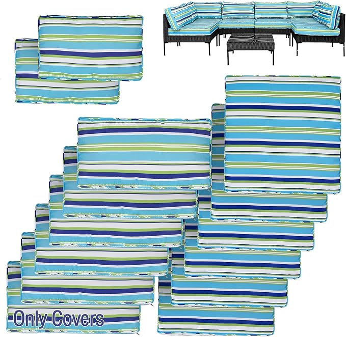 14Pcs Patio Cushion Covers Replacement Splashproof UV-Resistant Inelastic Covers with Zippers, Max Compatible 25.6x25.6x4inch Patio Cushion, for 7 Pcs Outdoor Patio Furniture Sets