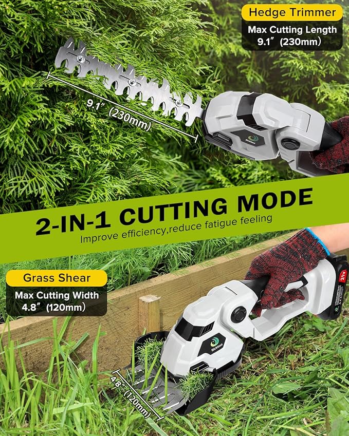 Cordless Hedge Trimmer,Cordless Grass Shears,2-in-1 Bush Trimmer,Cordless Grass Shear Bush Trimmer& Shrubbery Trimmer,Hedge Shear with 2 PCS Rechargeable Battery and Charger for Garden, Lawn.