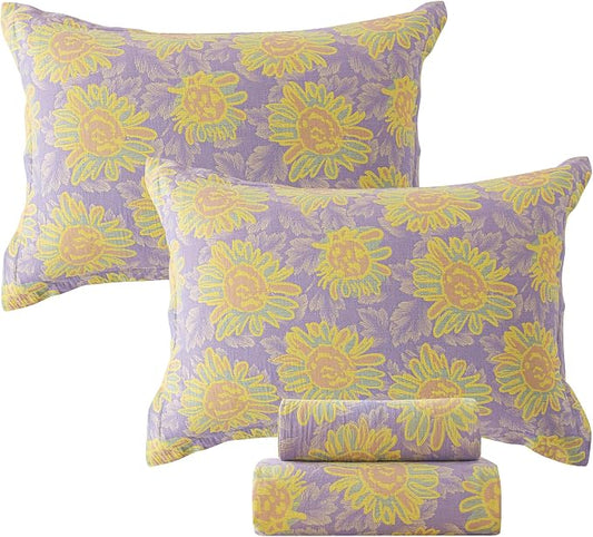 FADFAY Sunflower Sheets Set King Vintage Yellow Purple Floral Bedding Shabby Farmhouse Bedding Super Soft Washed Double -Layer Muslin Sheets 100% Cotton Deep Pocket Fitted Sheet 4Pcs, King Size