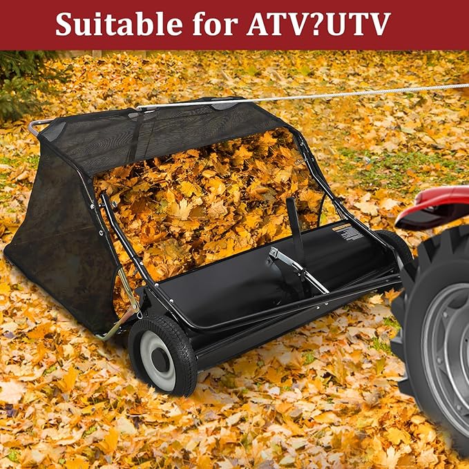 42" Large Capacity Pull Behind Lawn Sweeper with Adjustable Sweeping Height - Leaf & Grass Collector with Dumping Rope Design for Picking Up Grass and Debris