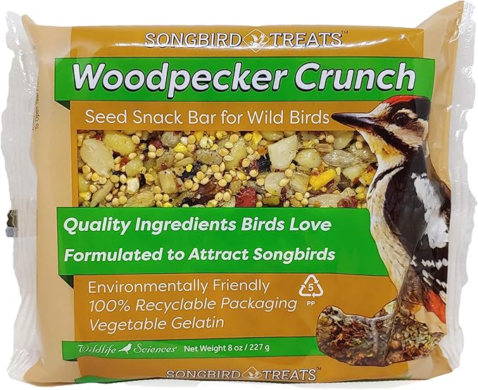 Wildlife Sciences Songbird Treats Seed Bars | 12 Pack of 8 oz Bird Seed Cakes for Wild Birds (Woodpecker Crunch)
