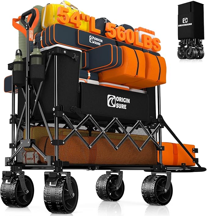 Originsure 400L Double Decker Wagon Collapsible with 54" L Tailgate, 560lbs Heavy Duty Carts Foldable, Extra Large Folding Beach Wagon with Big All-Terrain Wheels for Camping, Sports, Groceries, Black
