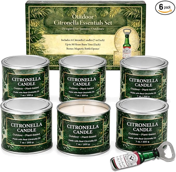 Citronella Candles Outdoor,6 Pack 42 oz Soy Wax Tin Candles with 7% Citronella Oil, Bonus Magnetic Bottle Opener, Up to 300 Hours, for Patio, Backyard, Camping, BBQ & Garden