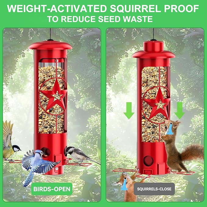 Squirrel Proof Bird Feeders for Outdoors with Weight-Activated, 3LB Large Metal Wild Bird Feeders for Cardinals,Blue Jay,Finch, Weatherproof Durable Tube Hanging Bird Feeder for Backyard,Garden,Patio