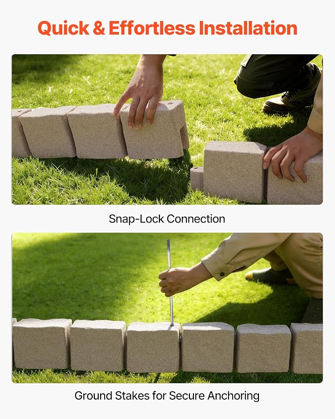 VEVOR Faux Stone Landscape Edging, 15.5 ft Kit, No Dig Garden Edging Border, Blocks for Lawn, Flower Beds, Yard, 4 Pack Each Section Has 6 Bricks 46.85"L x 3.94"W x 6.1"H, 12 Spikes & 4 Corners, Beige