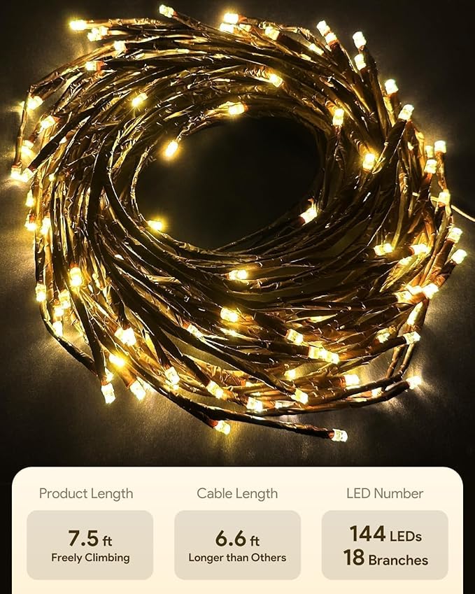 NIDISETPJAS Cherry Blossom Lights with Remote, 7.5 Ft 144 Flowers Enchanted Willow Vine Lights, 18 Branches 144 LEDs Lighted Willow Vine Tree Lights for Walls Bedroom Home Room Decor, Brown Branch