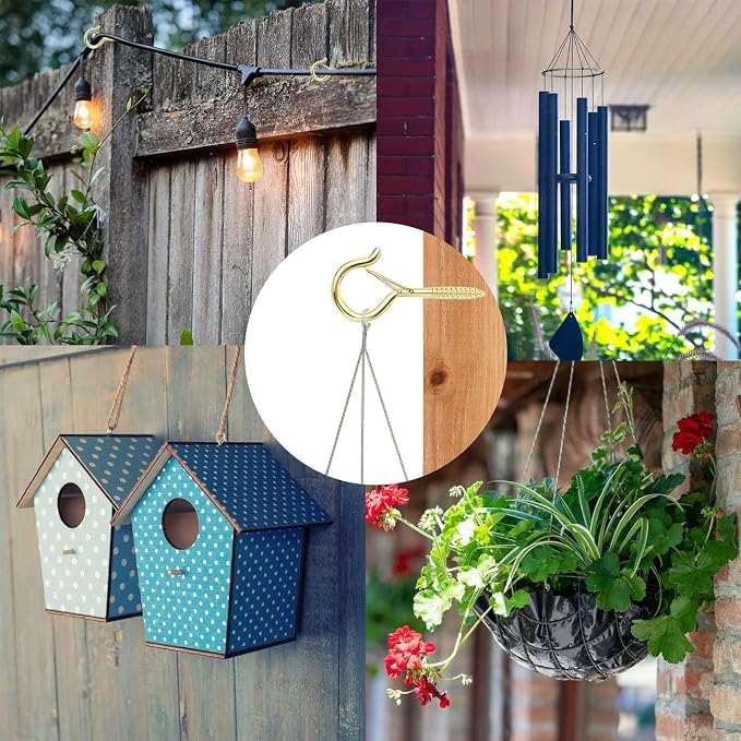 FSAH 35 PCS Screw-in Hooks for Outdoor String Lights, Q Hangers Hooks Outdoor for Outside, Swivel Hanging Basket Patio Light Hooks with Safe Buckle Screw in Planter Eye Hook for Wall Ceiling, Gold