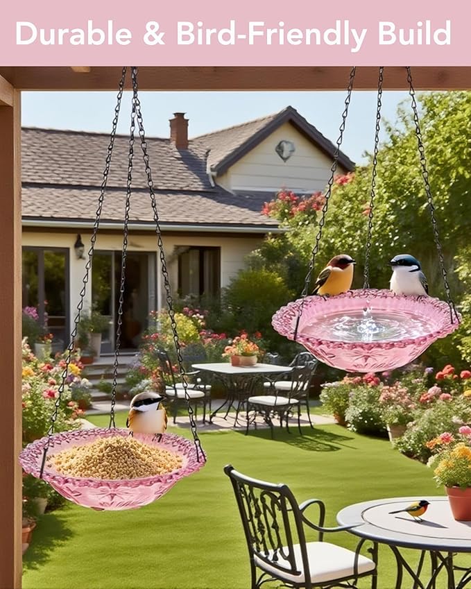 2 Pack Hanging Bird Baths and Feeders for Outdoors, Plastic Bird Bath Bowl & Hanging Feeder for Garden Yard Decor,Lilac Purple