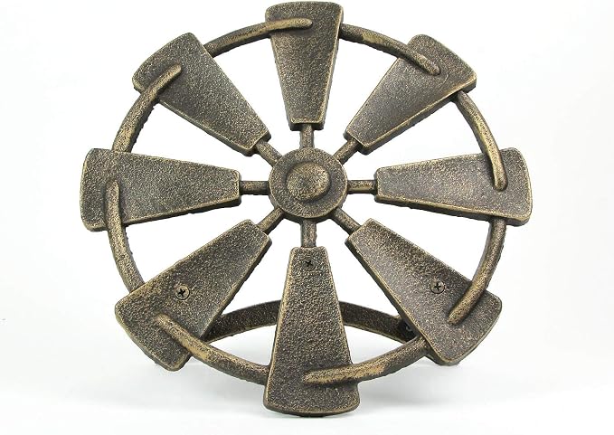 Bronze Finish Cast Iron Farmhouse Windmill Decorative Wall Mounted Garden Hose Hanger Outdoor Hose Holder Decor - 12 Inches in Diameter - Simple Installation