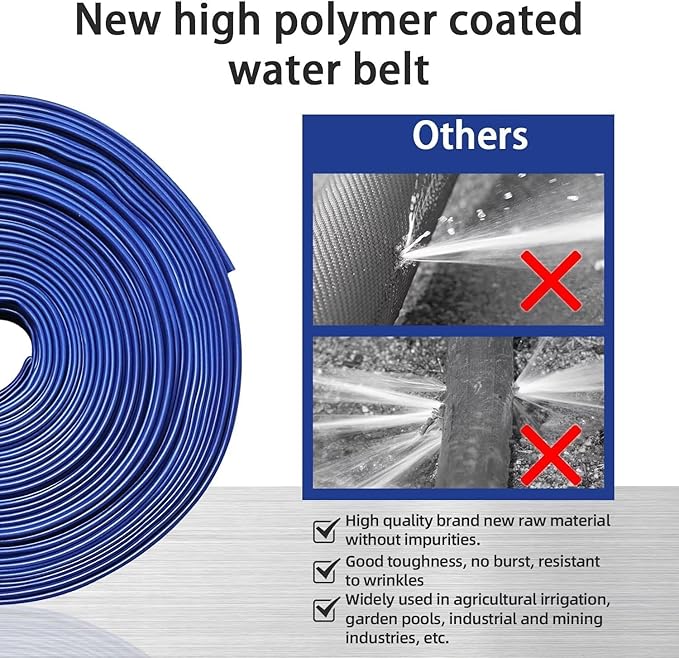 YASHINE PVC Drain HOSE 2"*100ft, Pool Backwash Hose, Heavy Duty Reinforced Blue PVC Lay Flat Water, For Swimming Drain Pools and Clean Filters, with 2 Clamp