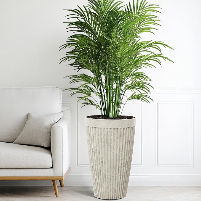 20" Resin Tall Planters for Outdoor Plants,Set of 2 Vintage Ivory Large Flower Pots with Handmade Fluted Texture,Heavy-Duty and Weather-Resistant for Porch Christmas Decor,Garden, Patio