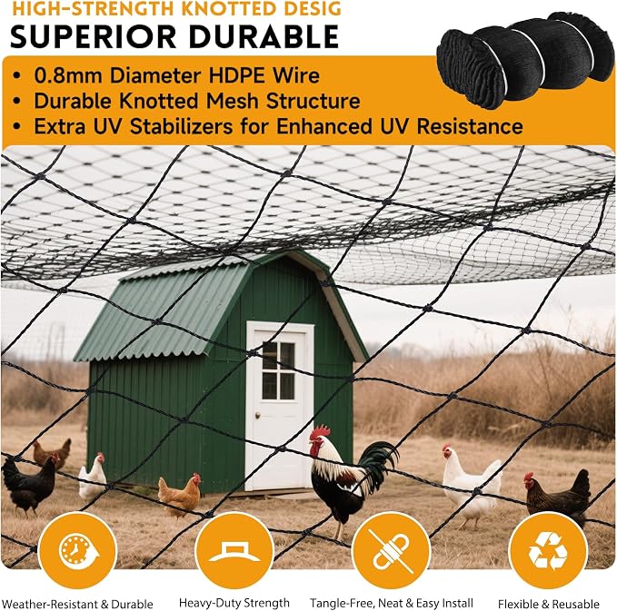 Heavy Knotted Poultry Netting for Chicken Run, 2" Mesh, 50x50 ft HDPE Chicken Coop Netting Cover, Hawk Netting for Chickens, Guards Poultry, Pets & Birds Against Raccoons & Predators