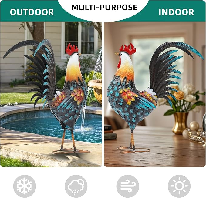32" Metal Rooster Yard Decor, Large Outdoor Garden Statue | Outdoor Chicken Sculpture, 3D Hand-Painted, Rustic Farmhouse Style, Weather Resistant Iron, Backyard Patio Lawn Garden