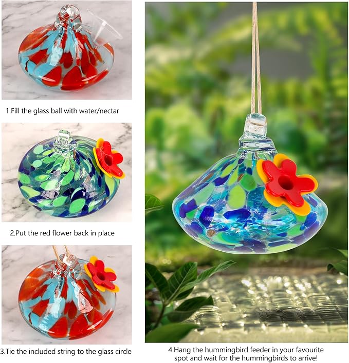 2 Pcs Blown Glass Hummingbird Feeder for Outdoors Hanging, Ant & Bee Resistant Window Bird FeederHandmade Garden Decor Gift for Women - Small Round Glass Feeders Bundle