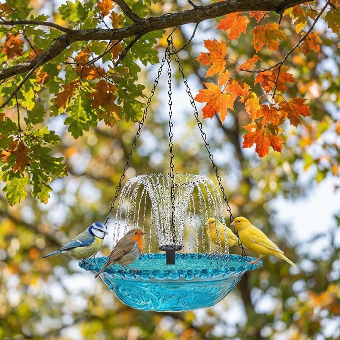 4 Pack Hanging Bird Baths Bowl Outdoor Bird Feeder 15.7 Inch Metal Chains, Weather-Resistant Hanging Bird Feeder & Bath Tray for Garden, Patio, Backyard Wildlife Decor (Solar Style)