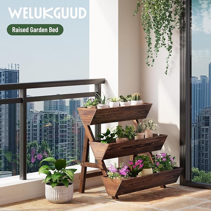Vertical Wooden Raised Garden Bed, Garden Planters Freestanding Wood Plant Stand Flower Rack Wooden Planter Box for Plants Herbs Flowers Vegetables Outdoor Indoor Gardening (3-Tier Large Carbonized)