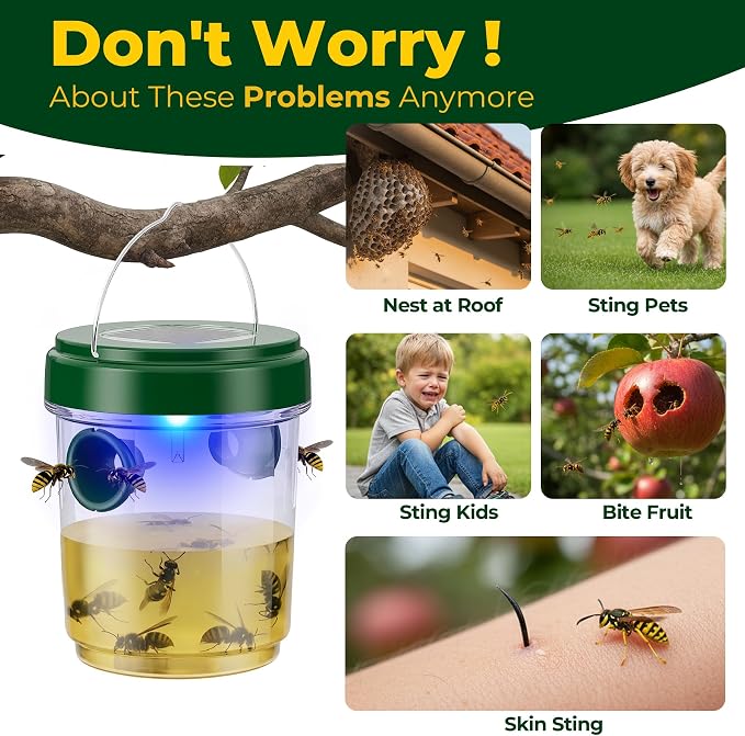 Wasp Trap Outdoor Hanging 4 Pack, Solar Powered Reusable Wasp & Yellow Jacket Trap with LED Light, Carpenter Bee Catcher for Patio, Backyard & Garden