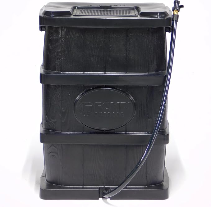 FCMP Outdoor Slim Line Design 45-Gallon Wood Grain Outdoor Home Rain Water Catcher Barrel Flat Back Container with Spigots and Mesh Screen, Black