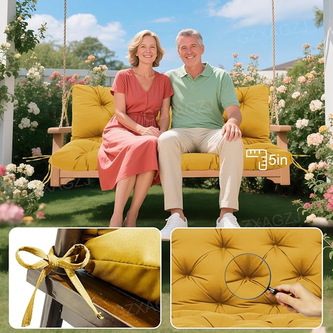 Porch Swing Cushions Outdoor 60x40 inch Waterproof Thicken 5" Outdoor Swing Replacement Cushions with Backrest and Ties Patio Swing Cushion for Outdoor Furniture Backyard Bench Garden(Yellow)