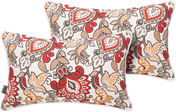 Pack of 2 Outdoor Waterproof Lumbar Rectangular Throw Pillow with Insert, Home Decorative Toss Pillows All Weather Cushion for Patio Garden Car Office (12x20 Inch, Botanical Red Orange)