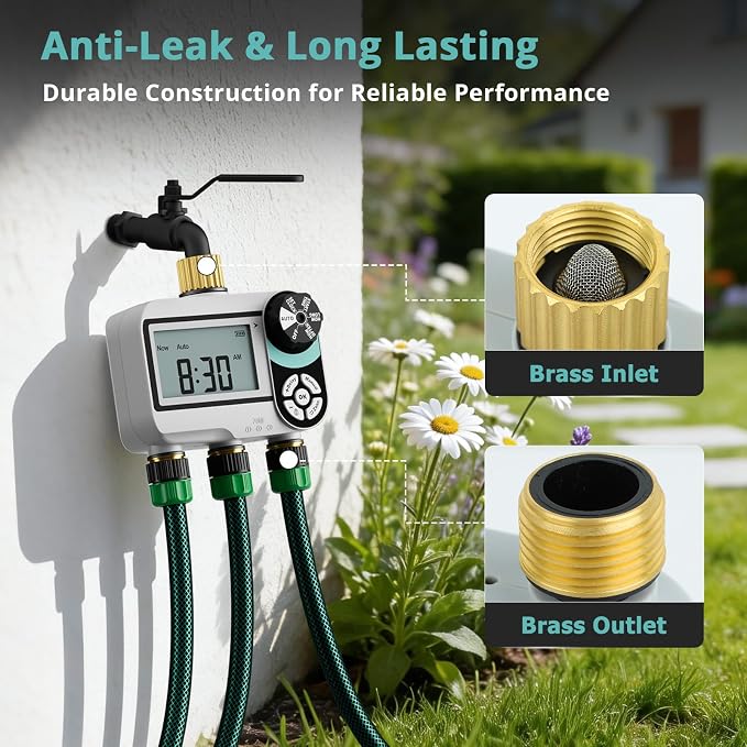QUOBAS Brass Sprinkler Timer for Garden Hose, Programmable Water Timer for Hose Faucet with Child Lock, Rain Delay/Auto/Manual 3 Modes, Large Waterproof Screen, 3 Zone Independent Watering