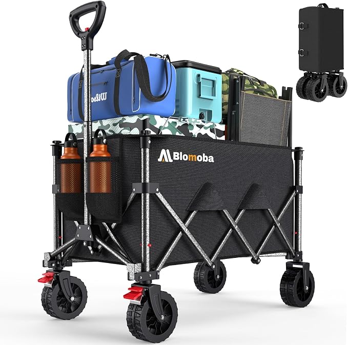 Blomoba Collapsible Wagon Cart, 220lbs Utility Grocery Shopping Cart, 150L Foldable Beach Wagon with Wider Wheels & Auto-Rebound Handle