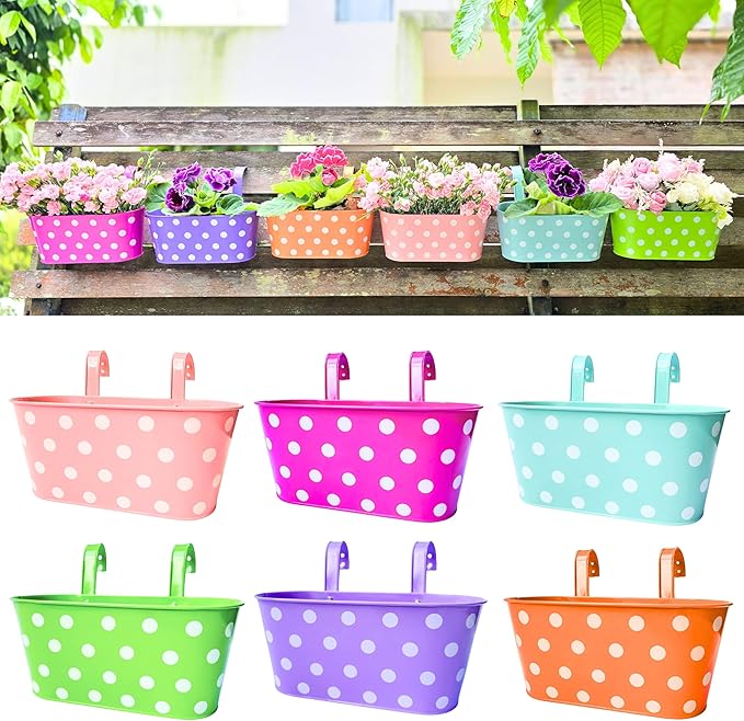 LaLaGreen Rail Planter (17 Inch, 6 Pack) Colorful Metal Hanging Flower Pots Railing Fence Balcony Gardening for Apartment Patio Planters Iron Outdoor Decoration Porch Decor Modern Garden Style