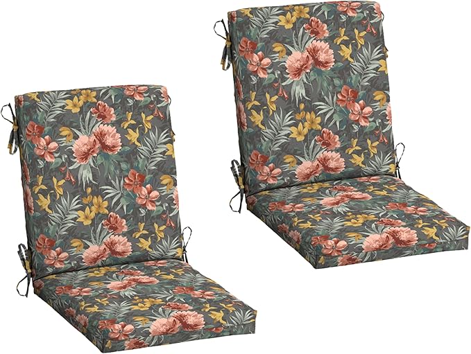 Arden 2-Pack Outdoor Patio Dining Chair Cushion, 20x44, Rain-Proof Seat Pad, Fade-Resistant Outdoor Cushion Phoebe Grey Floral