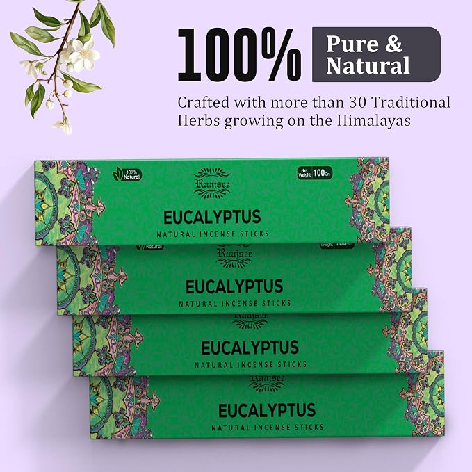 Raajsee Incense Sticks – Eucalyptus (180 gm), 100% Pure Organic Natural Hand Rolled Free from Chemicals - Perfect for Aromatherapy, Cleansing, Meditation, and Church (Pack of 12)