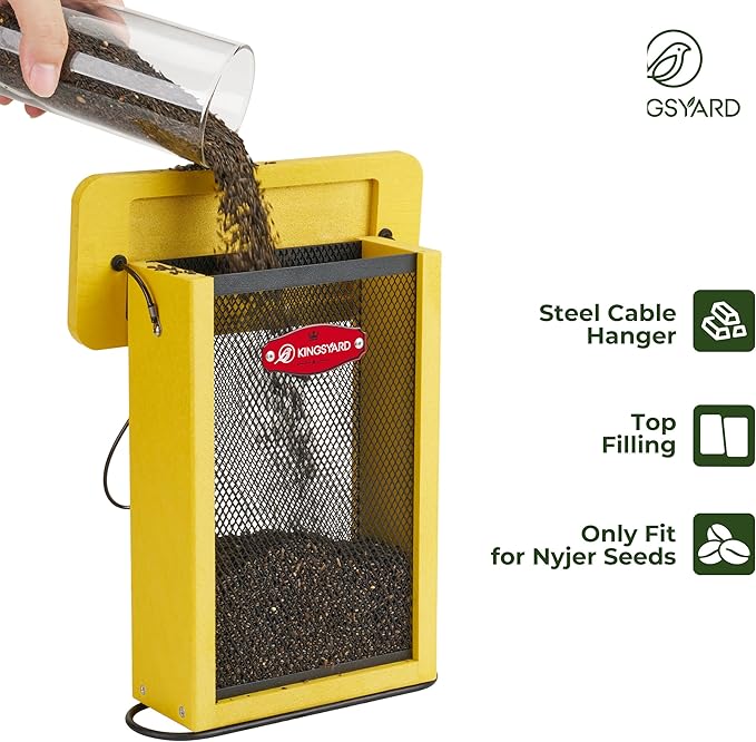 Kingsyard Finch Feeder for Outside Hanging, Metal Mesh Bird Feeders for Thistle/Nyjer Seed, Sliding Mesh & Built-in Perch, Recycled Plastic, Yellow