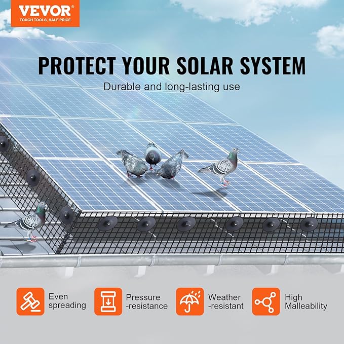 VEVOR Solar Panel Bird Guard 8inch x 98ft PVC Coated Wire Mesh Roll Kit with 100pcs Fasteners, Critter Fence, Pigeon Proofing, Black