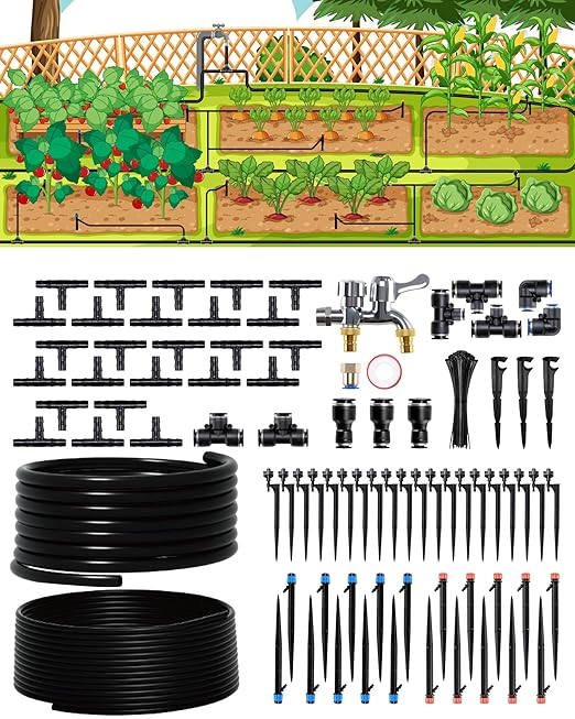 Drip Irrigation System for Garden, Automatic Garden Watering System with 180FT 1/2” & 1/3” Tubing, Dual Faucet, Adjustable Nozzle Emitters for Garden, Greenhouse, Lawn, Potted Plants