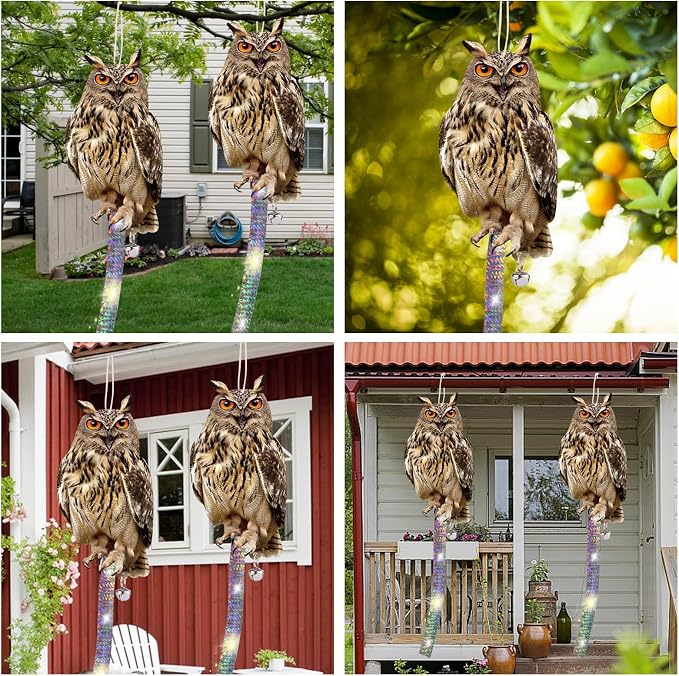 Hanging Plastic Owls for Gardens, 3PCS Reflective Hanging Owl Decoration Woodpecker Control Device with Reflective Tape, Jinging Bell for Garden Patio Windows
